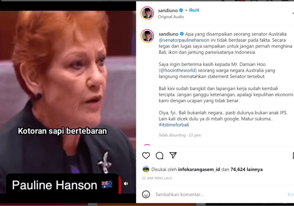 Senator Australia Hina Pariwisata Bali, Sandiaga Uno Berang - GenPI.co BALI