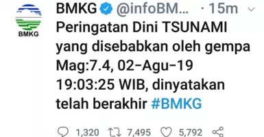 BMKG Akhiri Peringatan Dini Tsunami Usai Gempa 7,4 M di Banten