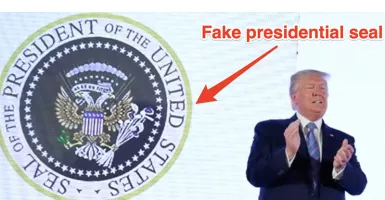 Trump Tampil Bersama Logo Kepresidenan Palsu yang Menyebut Boneka