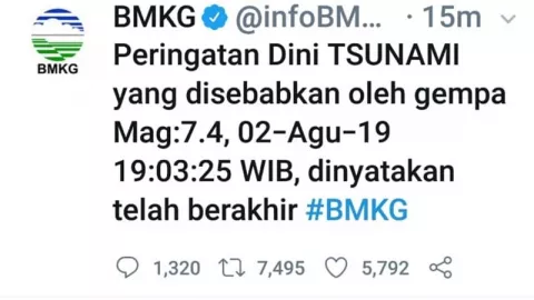 BMKG Akhiri Peringatan Dini Tsunami Usai Gempa 7,4 M di Banten - GenPI.co