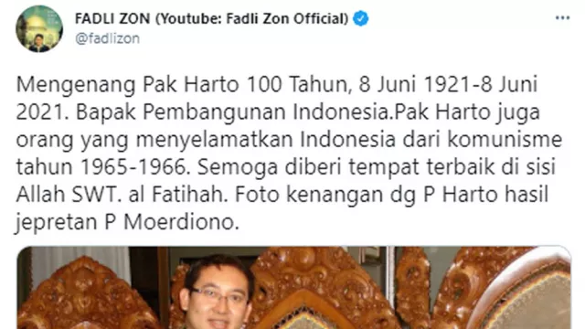 100 Tahun Soeharto, Fadli Zon Unggah Foto Mesra dengan Pak Harto - GenPI.co
