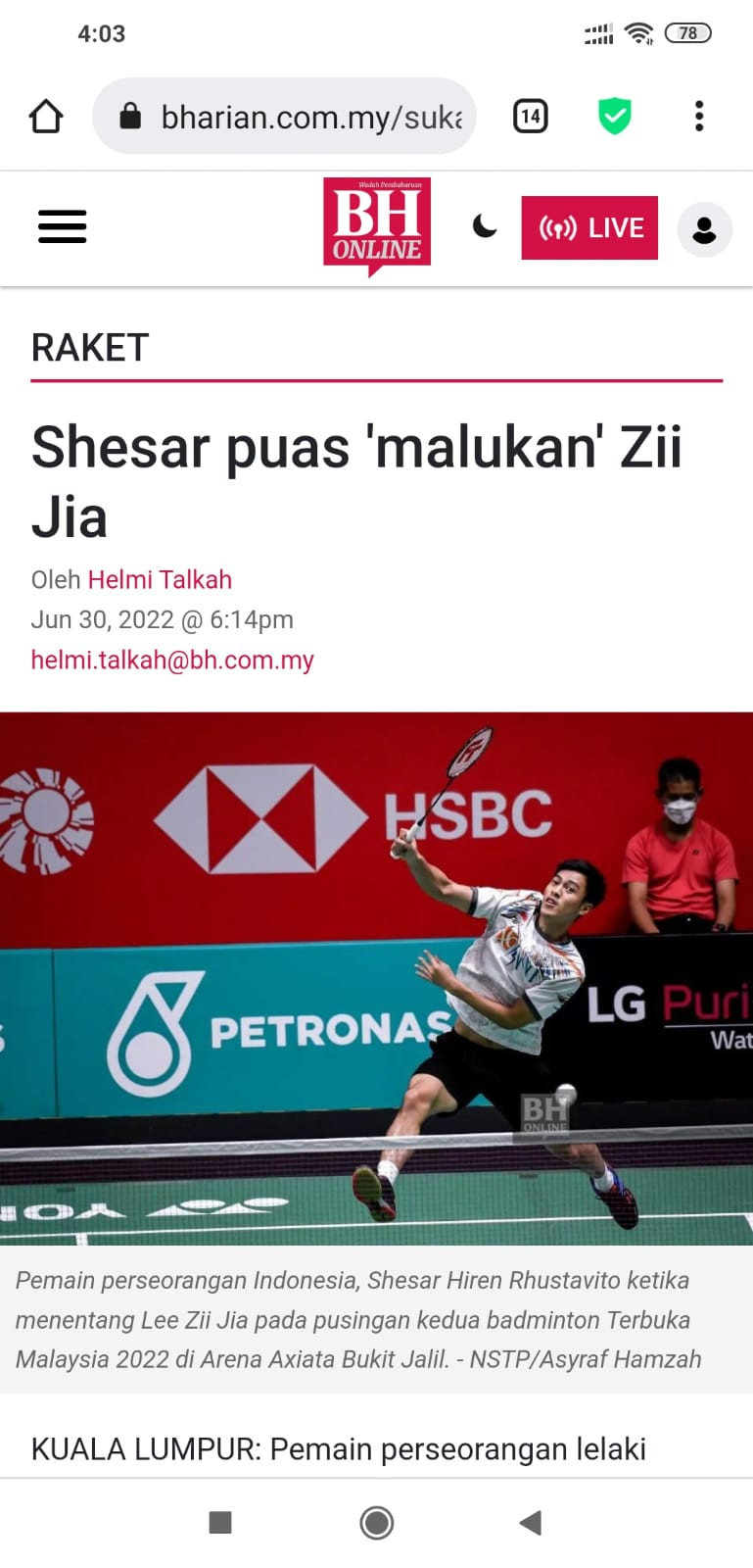 Media Malaysia: Shesar Vito Puas Permalukan Lee Zii Jia