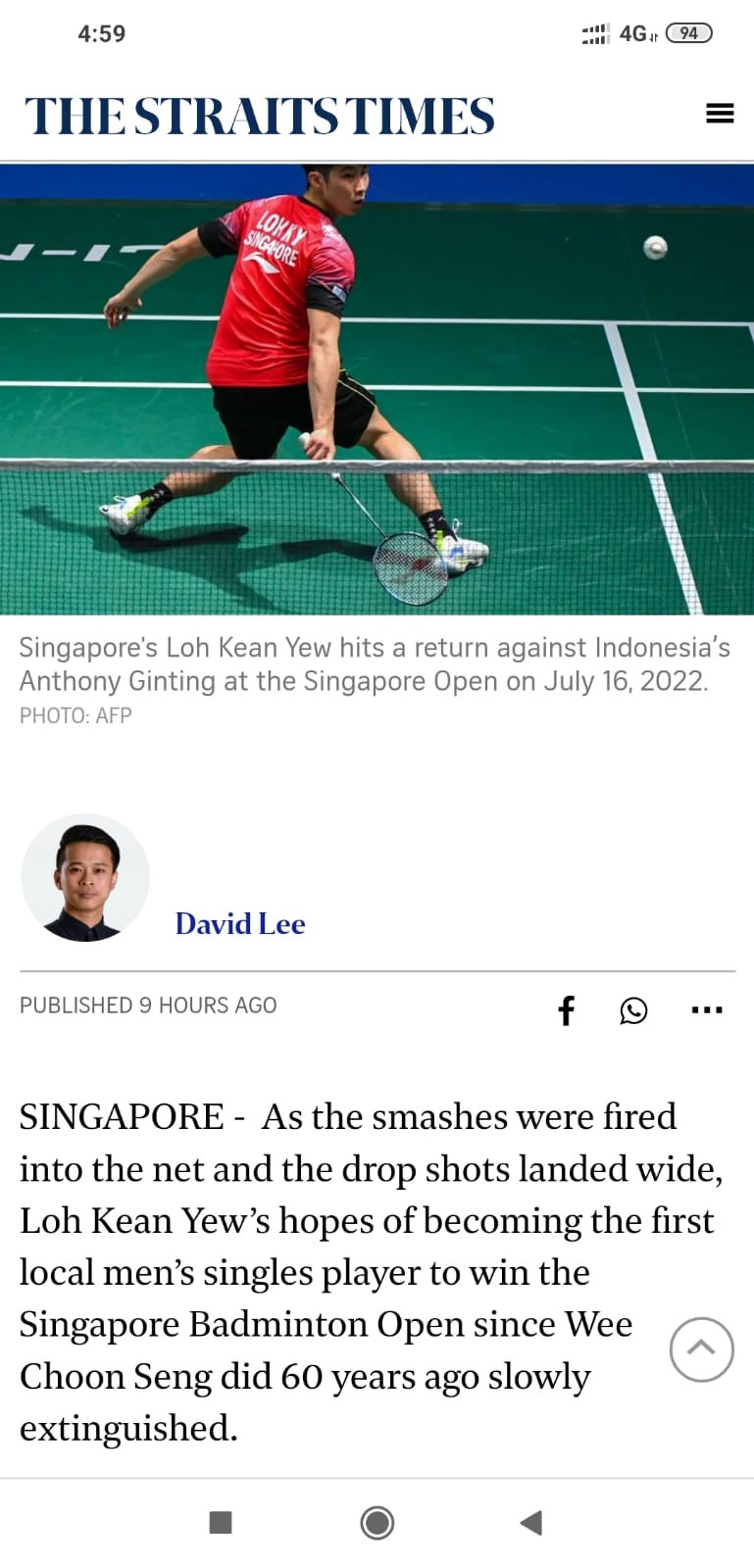Loh Kean Yew Dibantai Anthony Ginting, Media Singapura Heboh