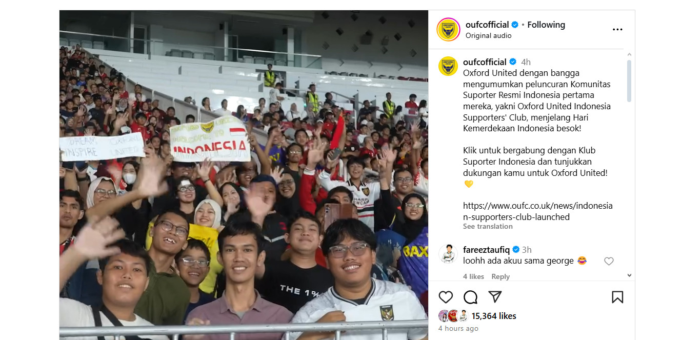Oxford United Sudah Punya Klub Suporter di Indonesia
