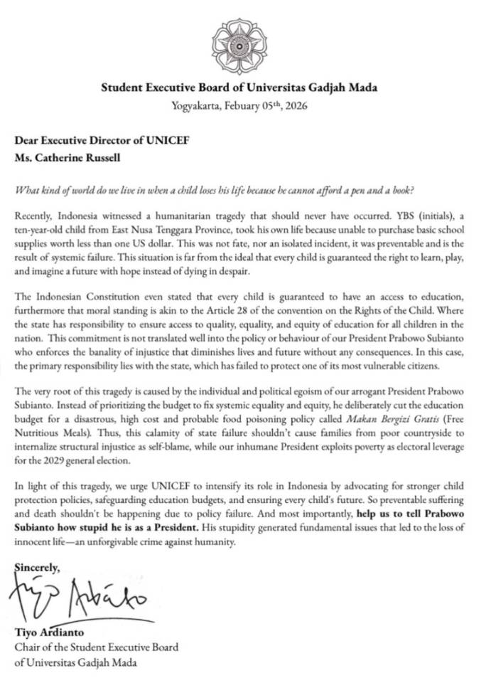 BEM UGM Surati UNICEF soal Anak SD di NTT Bunuh Diri: Negara Gagal dan Presiden Bodoh